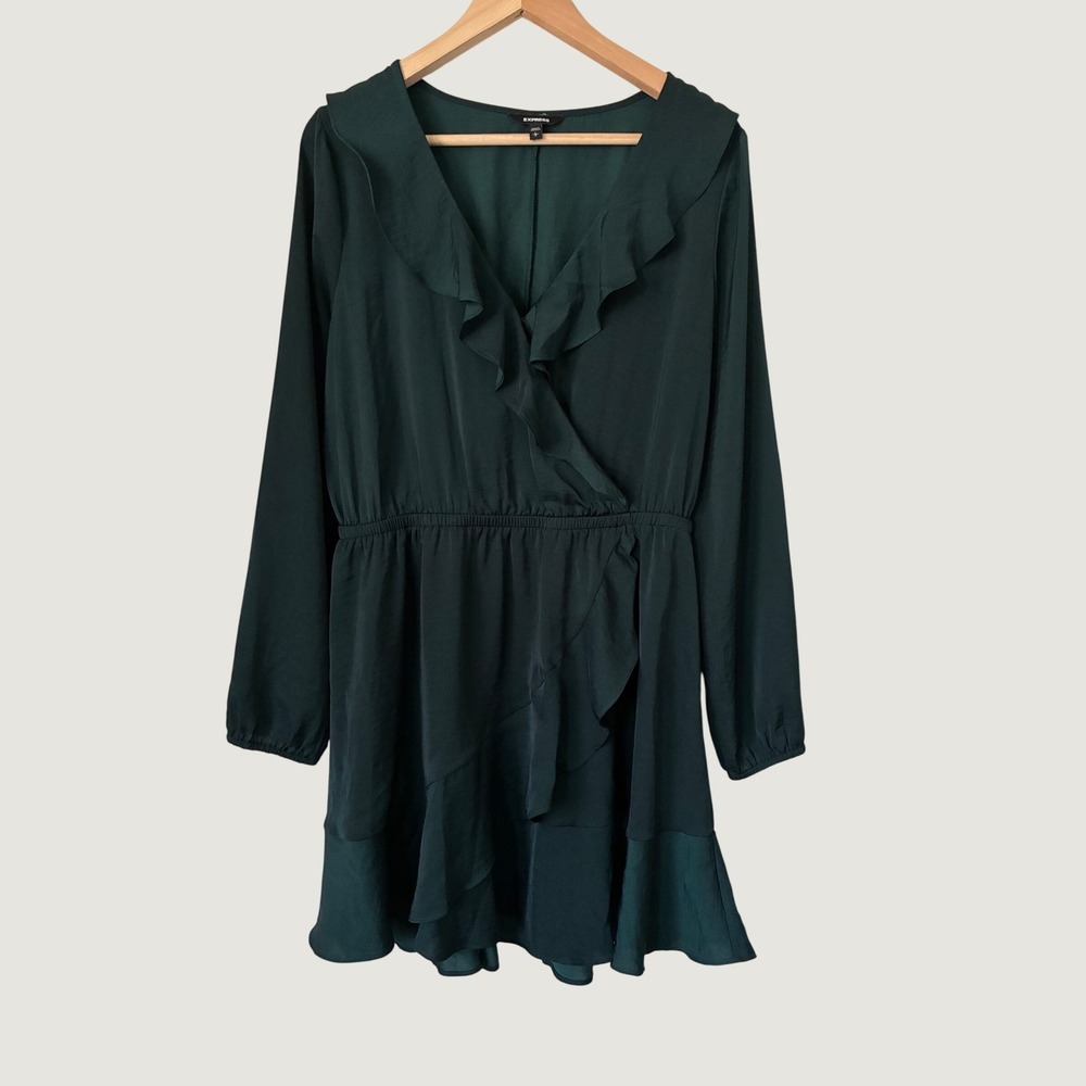 Express Women Forest Green Ruffle Faux Wrap Mini Dress Long Sleeve V-Neck L boho